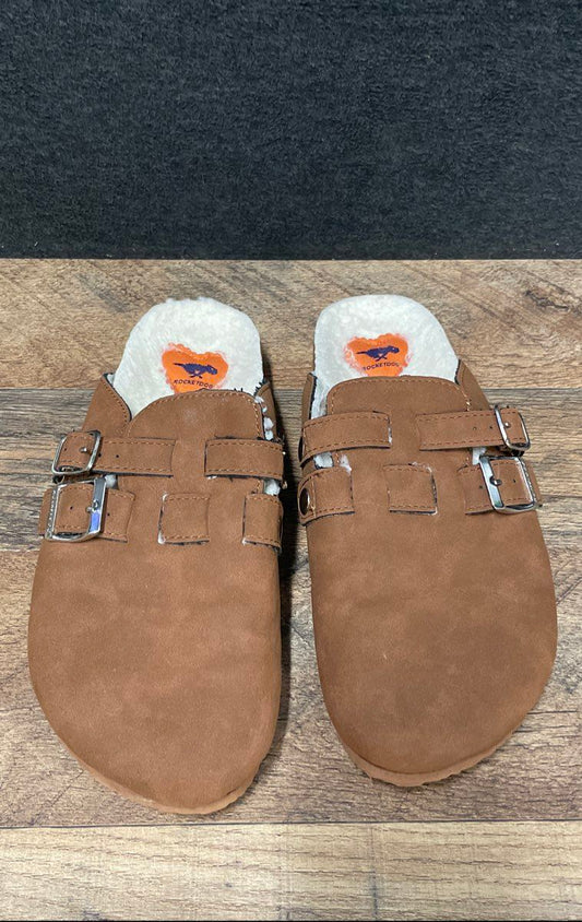 Rocket Dog Brown Faux Suede Shearling Lined Double Buckle Clogs Women's Size 10