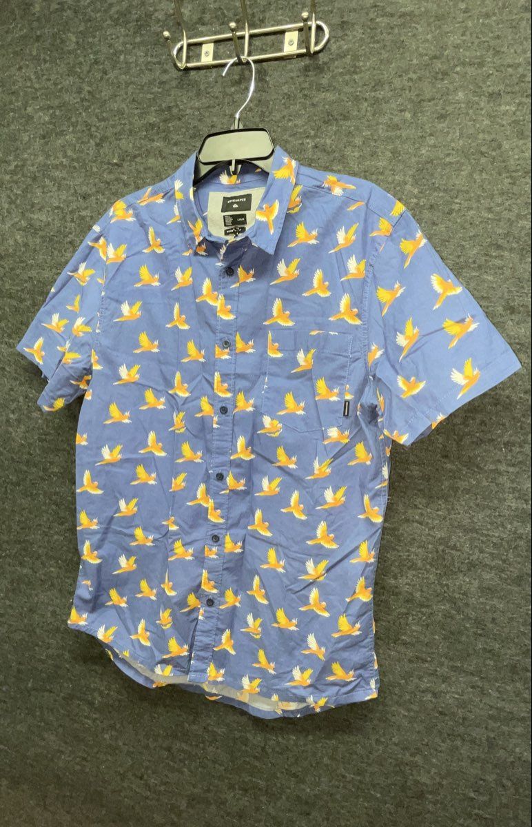 Quiksilver Men's Blue Parrot Bird Print Short Sleeve Button Up Modern Fit Sz L
