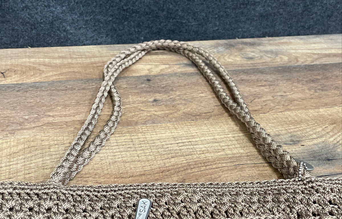 The Sak Brown Crochet Woven Shoulder Bag Handbag Purse Silver Tone Hardware