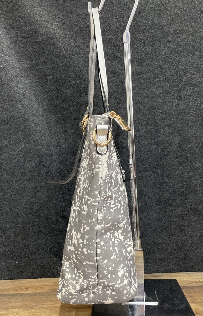Grey White Abstract Print Fabric Tote Bag Large Metallic Silver Trim