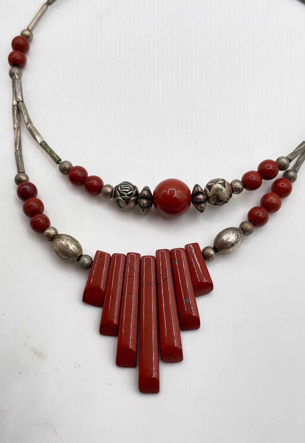 Mixed Metal Red Jasper Southwestern Style Double Strand Beaded Necklace 12.2g