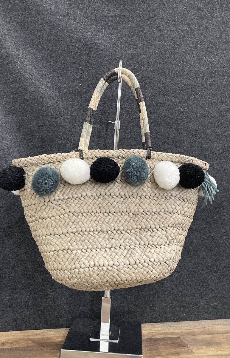 Clements Ribeiro Pop Woven Straw Tote Bag Pom Pom Accents Beige Multi