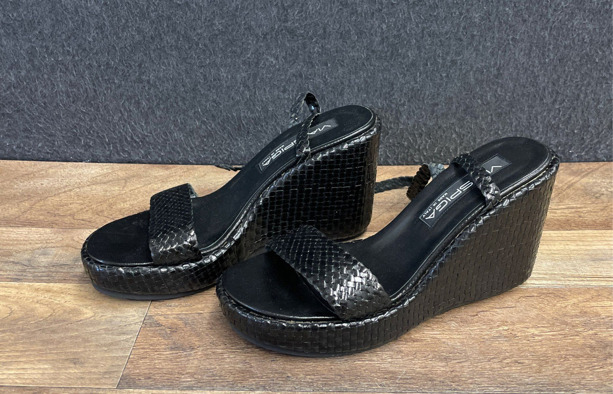 Via Spiga Black Woven Leather Ankle Strap Platform Wedge Sandals Size 8.5 M