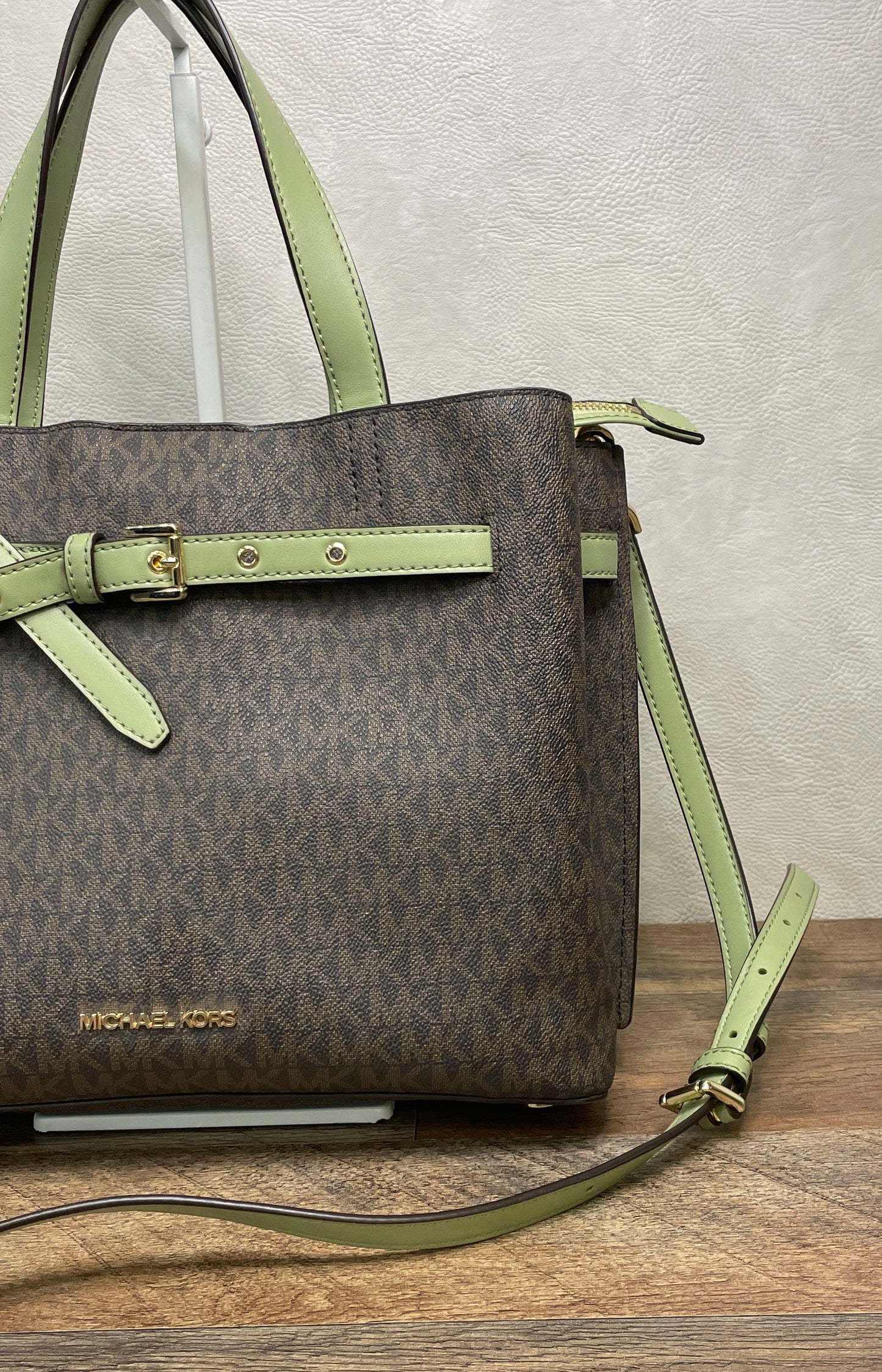 Michael Kors Brown Green Signature Canvas Emory Satchel Handbag Crossbody