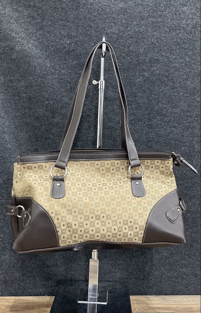 Villager Cream Monogram Fabric Black Leather Vintage Shoulder Bag Purse
