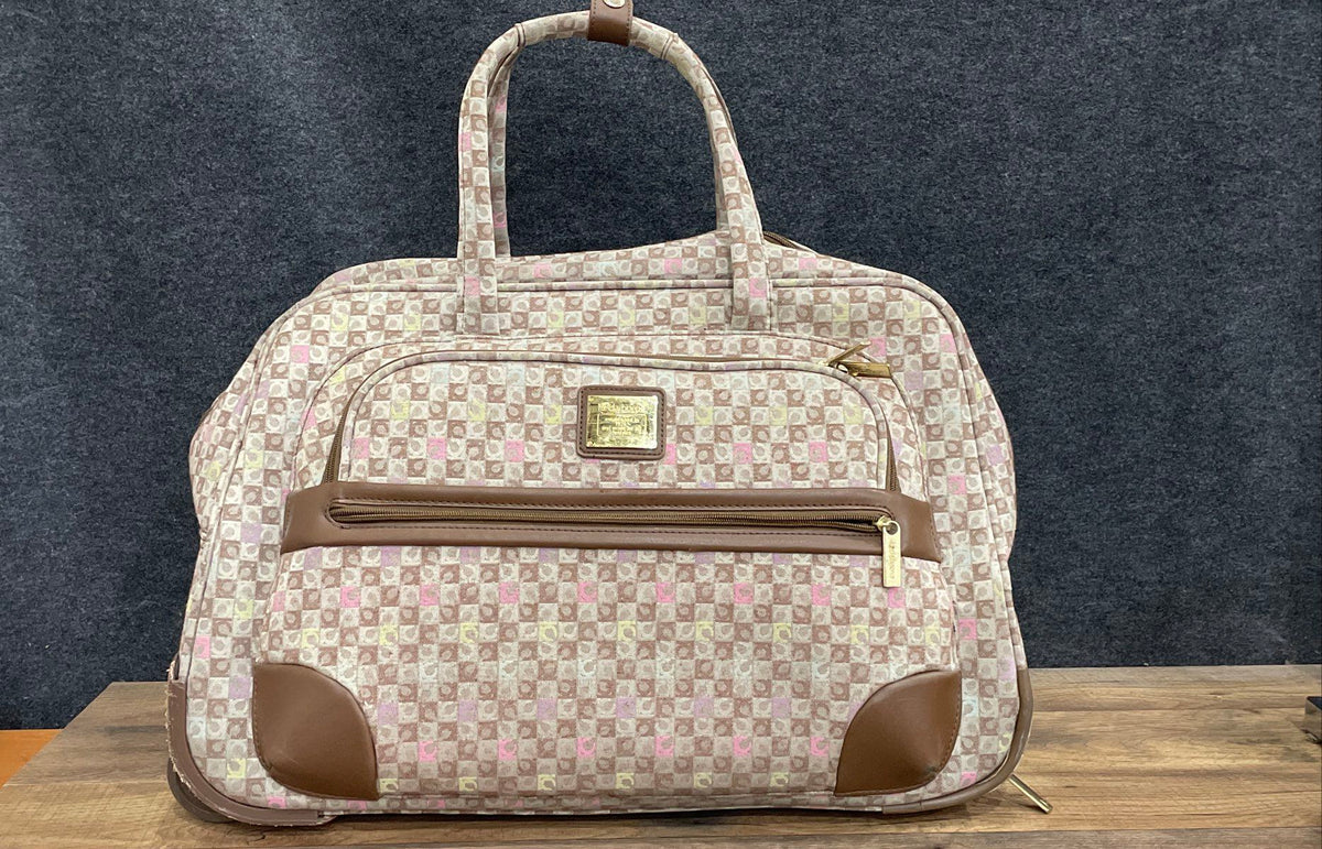 Vintage Liz Claiborne Checkered Rolling Travel Duffle Bag Brown Beige 24"