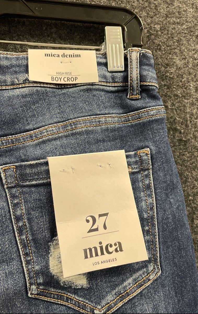 Mica Denim Women's Blue High Rise Boy Crop Distressed Ripped Jeans NWT Size 27