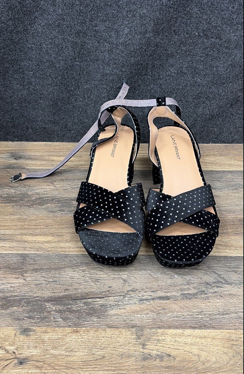 Lane Bryant Black Silver Sparkle Polka Dot Platform Block Heel Sandals Size 10W