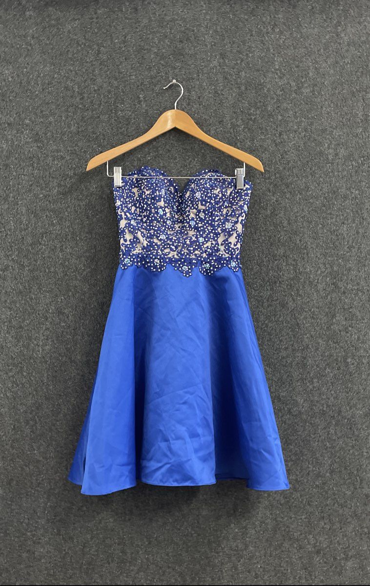Annylee Women's Royal Blue Strapless Lace Rhinestone Sequined Formal Dress Sz XS