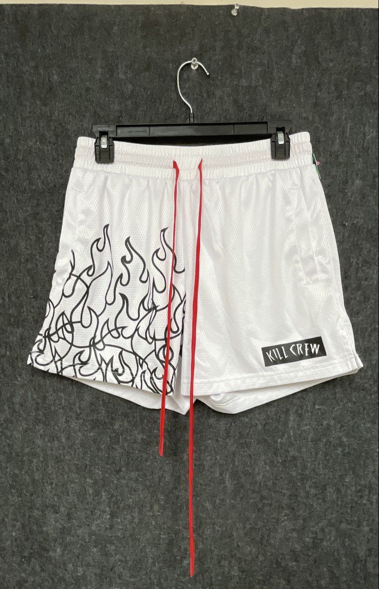 Kill Crew Men's White Mesh Athletic Shorts Black Flame Red Drawstring Size L