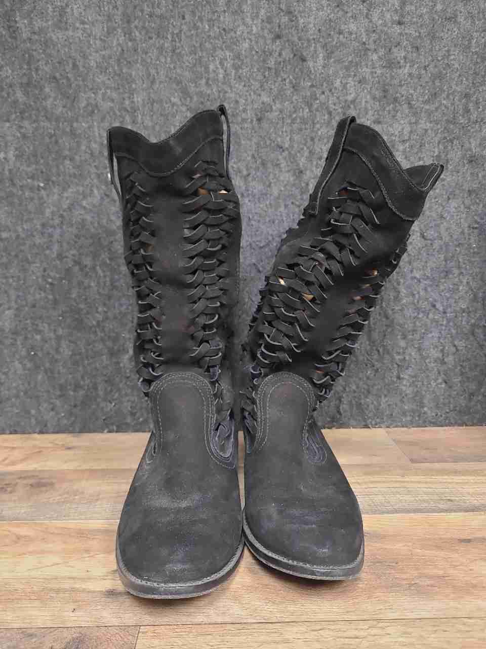 Harley-Davidson D83239 Black Woven Lattice Leather Tall Boots Size 8.5