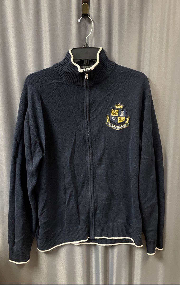 Tommy Hilfiger Men's Navy Blue Embroidered Crest Zip-Up Cardigan Sweater Sz L