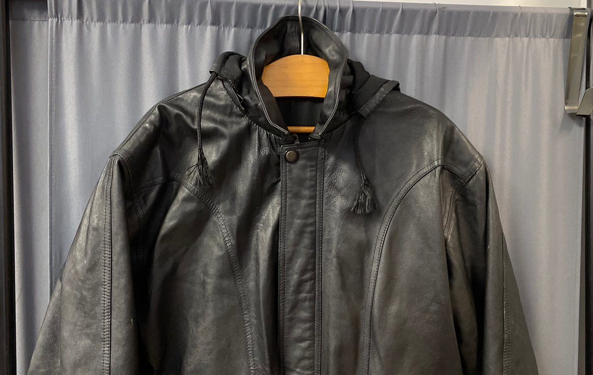 Vintage Oklahoma State Seal Black Leather Hooded Coat Women's Sz L