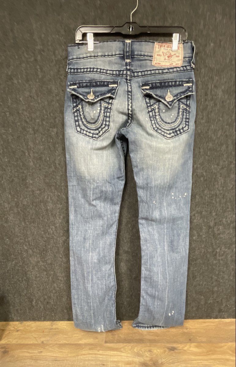True Religion Men's Ricky Relaxed Straight Jeans Distressed Splatter Sz 28