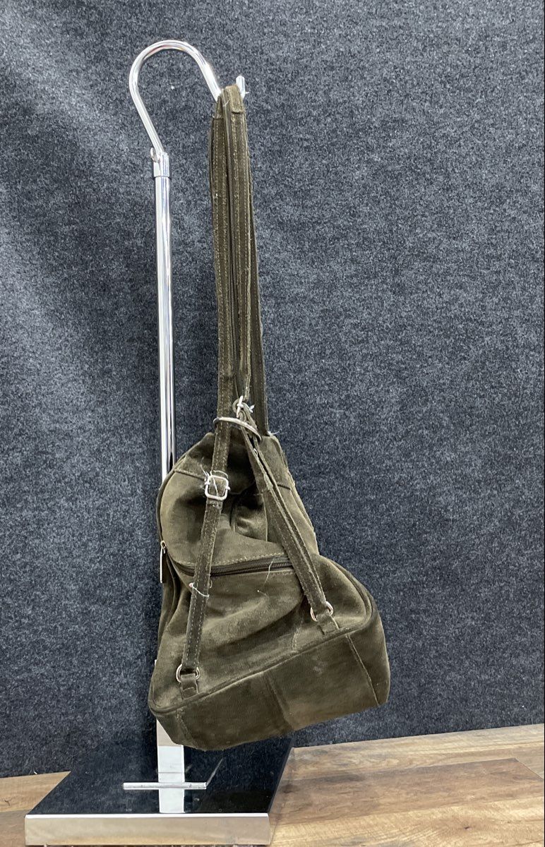 Fossil Green Suede Sling Backpack Hobo Shoulder Bag Silver Hardware