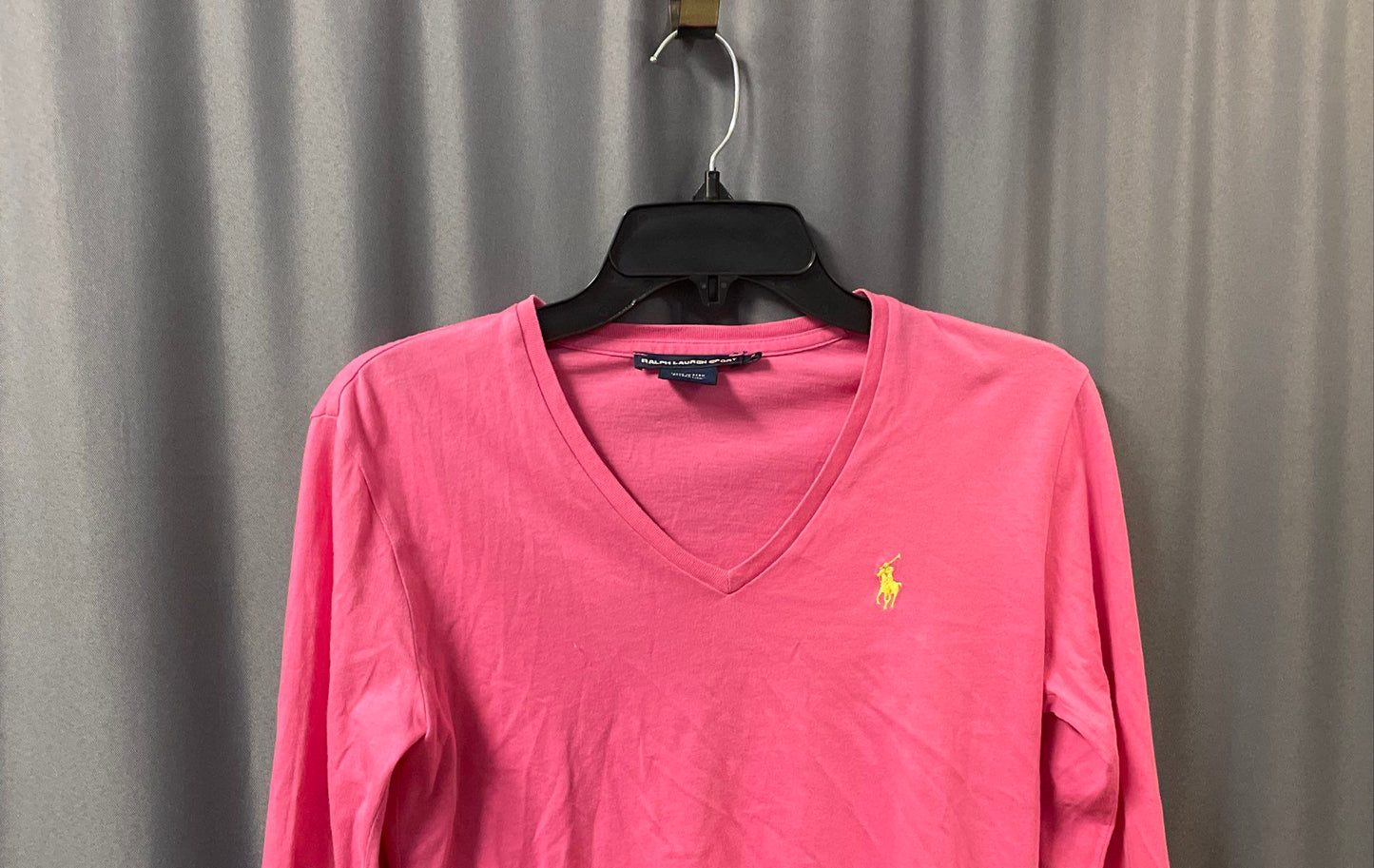 Ralph Lauren Sport Women's Pink V-Neck Long Sleeve T-Shirt Yellow Pony Logo Sz S