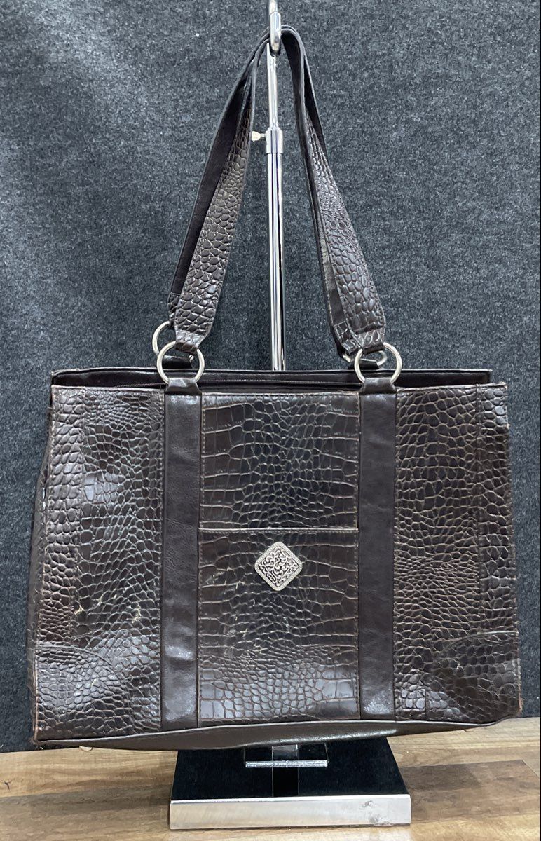 Coldwater Creek Brown Croc Embossed Leather Tote Bag Silver Hardware