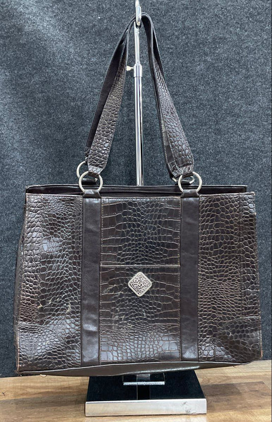 Coldwater Creek Brown Croc Embossed Leather Tote Bag Silver Hardware