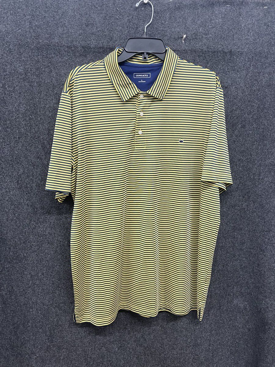 Crown & Ivy Men's Yellow Navy Striped Short Sleeve Stretch Polo Shirt Sz L