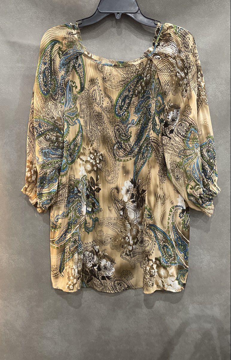 Avenue Women's Brown Geometric Paisley Pleated Tie Neck Blouse Tunic Sz 22/24