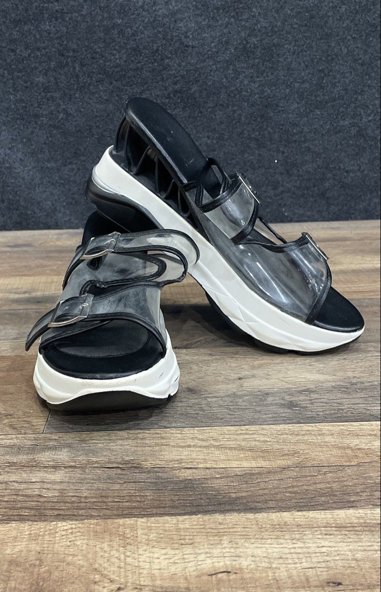 Black White Clear PVC Double Buckle Architectural Heel Platform Sandals Size 12