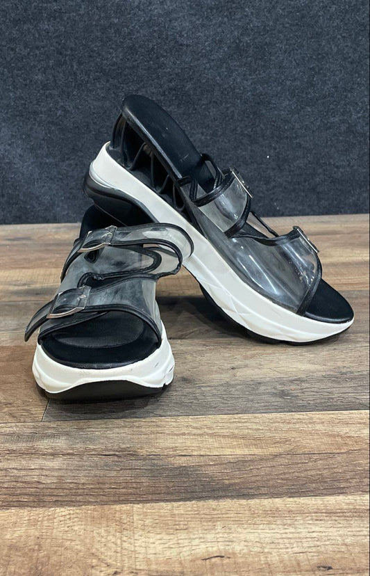 Black White Clear PVC Double Buckle Architectural Heel Platform Sandals Size 12