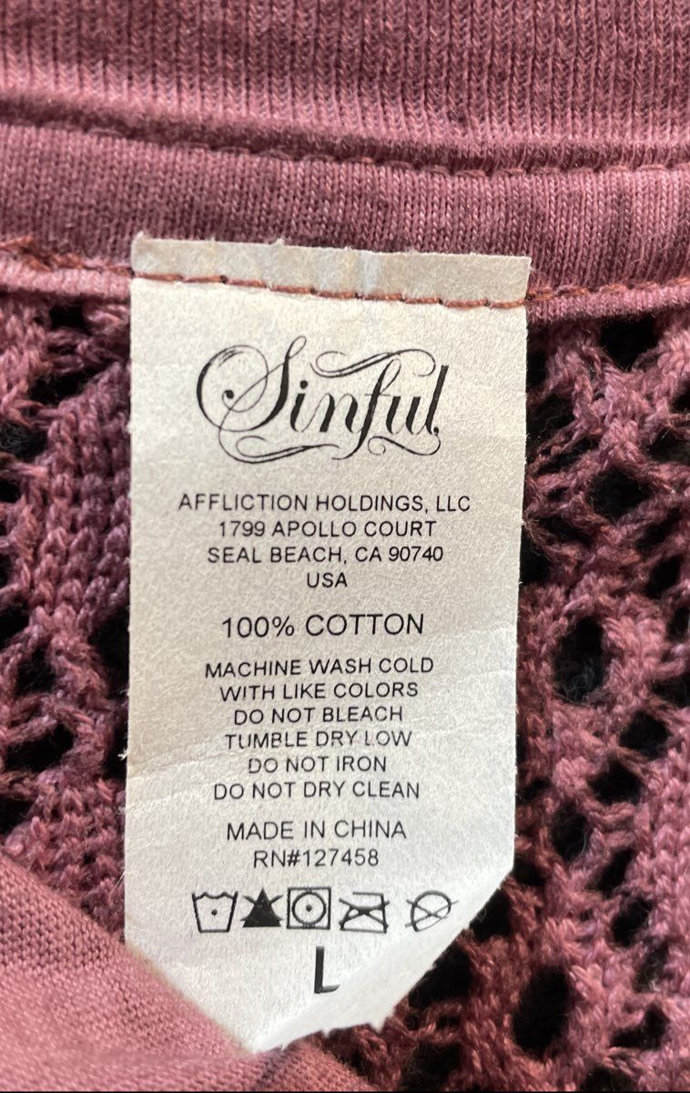 Sinful Women's Purple Distressed Long Sleeve Graphic Lace Shirt Rhinestone Sz L