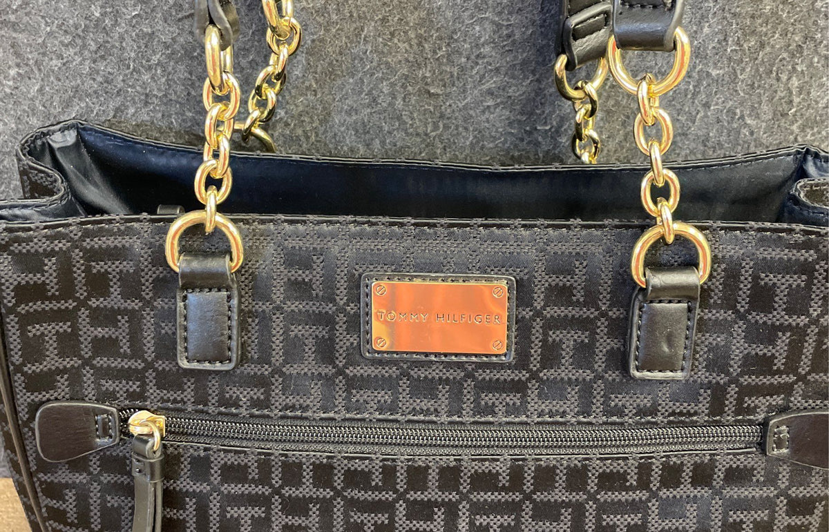 Tommy Hilfiger Black Monogram Jacquard Shoulder Tote Bag Gold Hardware