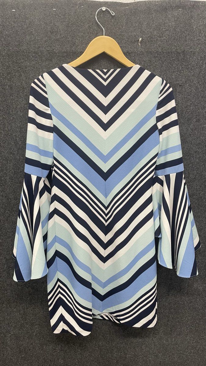 Roz & Ali Women's Blue White Chevron Stripe Tiered Bell Sleeve Dress Sz XS