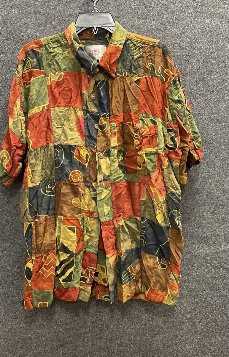 Vintage 90s The Territory Ahead Men's Rayon Patchwork Batik Shirt Sz XL