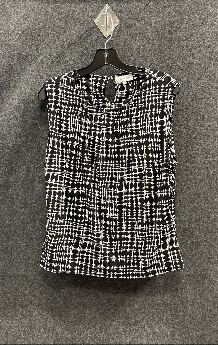 Calvin Klein Women's Sleeveless Blouse Black White Geometric Op Art Shell XL