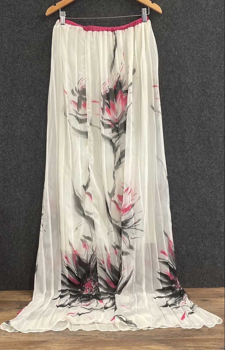 Amazon Collection Women's Pleated Maxi Skirt White Pink Floral Tie Waist Sz 38