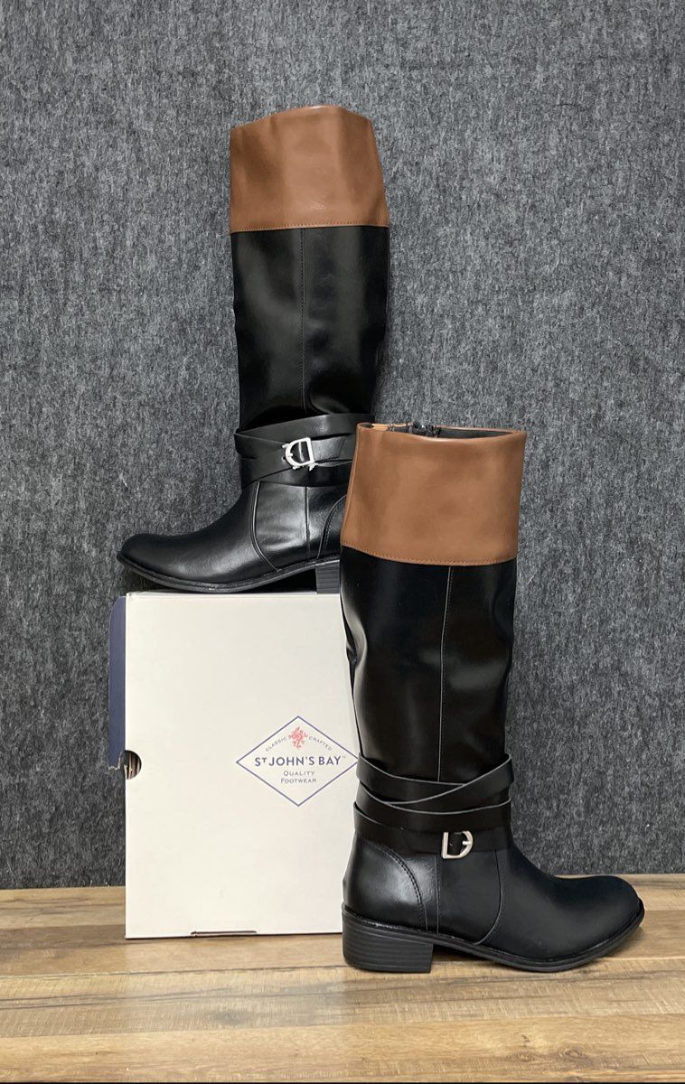 St. John's Bay Douglas Black Cognac Knee-High Riding Boots NWT Size 6.5