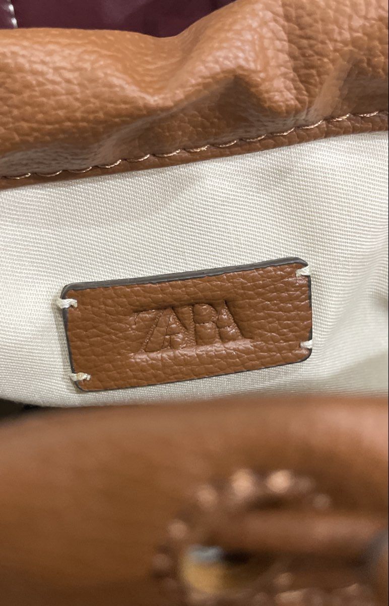 Zara Tan Pebbled Architectural Fan Tote Bag with Contrast Stitching & Pouch