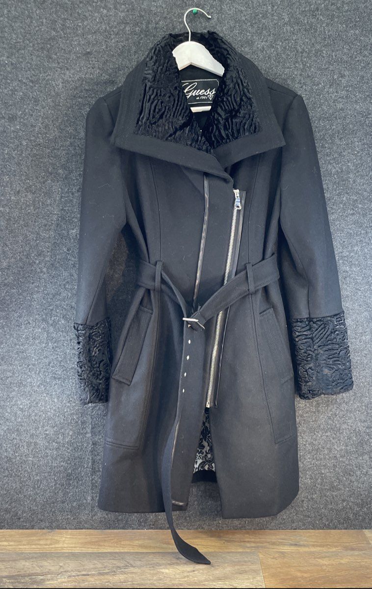 GUESS Women's Black Wool Blend Belted Coat Faux Fur Collar Asymmetric Zip