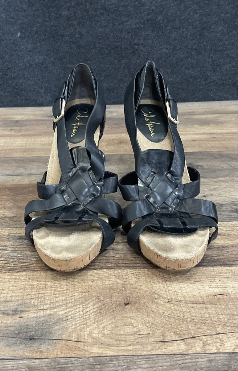 Cole Haan Black Leather Strappy Cork Platform Wood Block Heel Sandals Size 9.5B