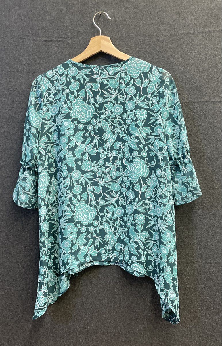 LC Lauren Conrad Women's Green Floral Handkerchief Hem Ruffle Sleeve Top Sz S