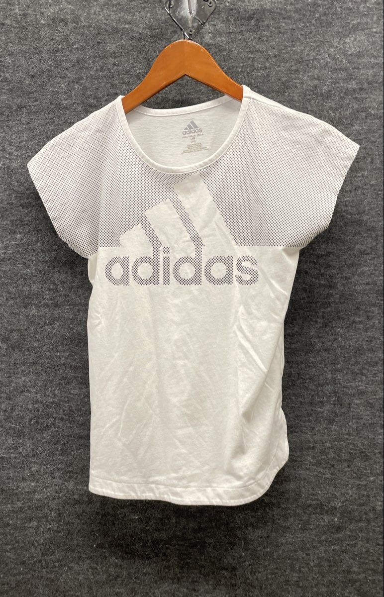 Adidas Girls White Grey Dot Logo Graphic T-Shirt Cap Sleeve Sz L 14