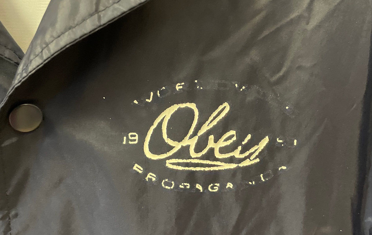 Obey Men's Navy Blue Nylon Coach's Jacket Worldwide Propaganda Graphic Sz L