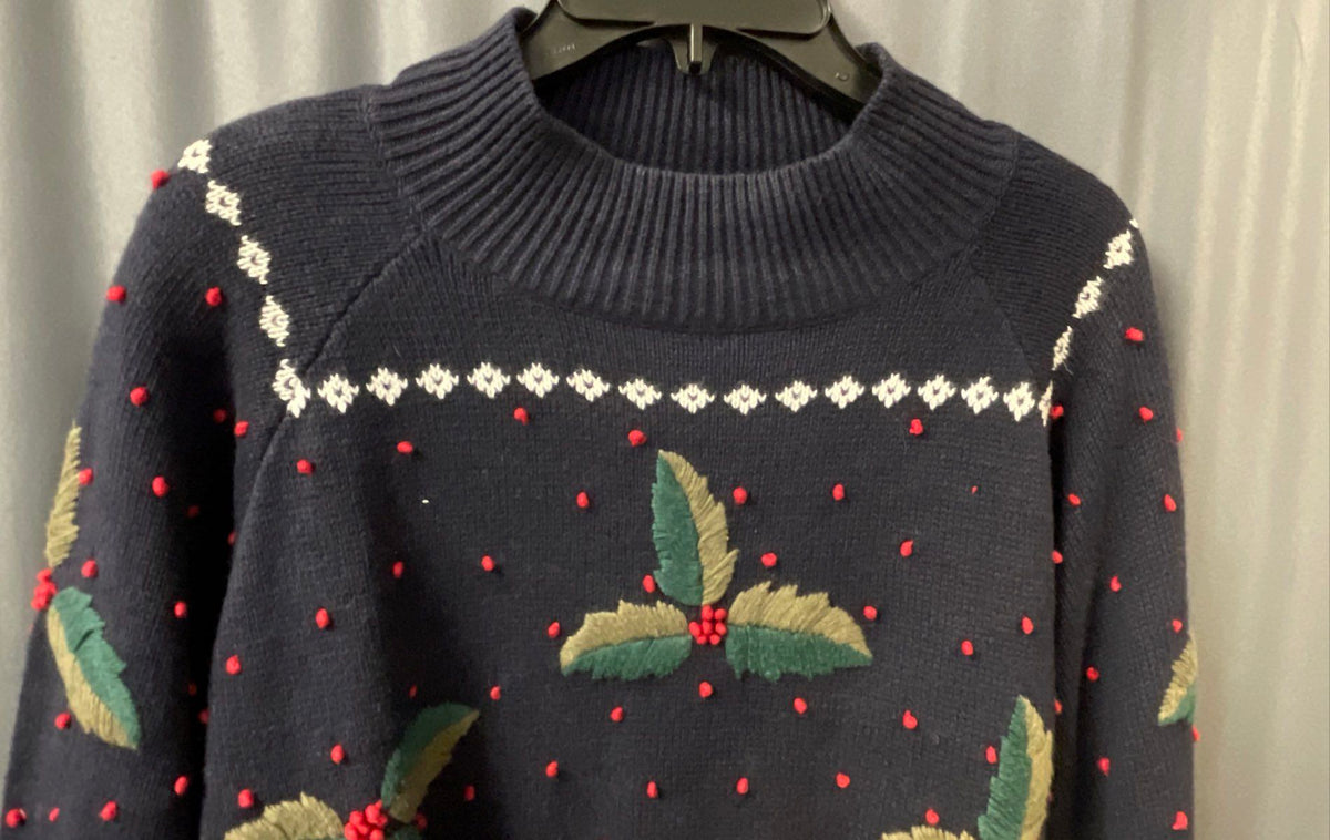 Dressbarn Women's Navy Fair Isle Holly Berry Mock Neck Christmas Sweater 22/24