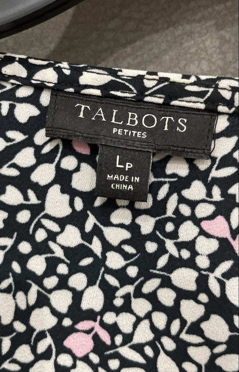 Talbots Petites Women's Black White Pink Floral Ruffle 3/4 Sleeve Blouse Sz LP