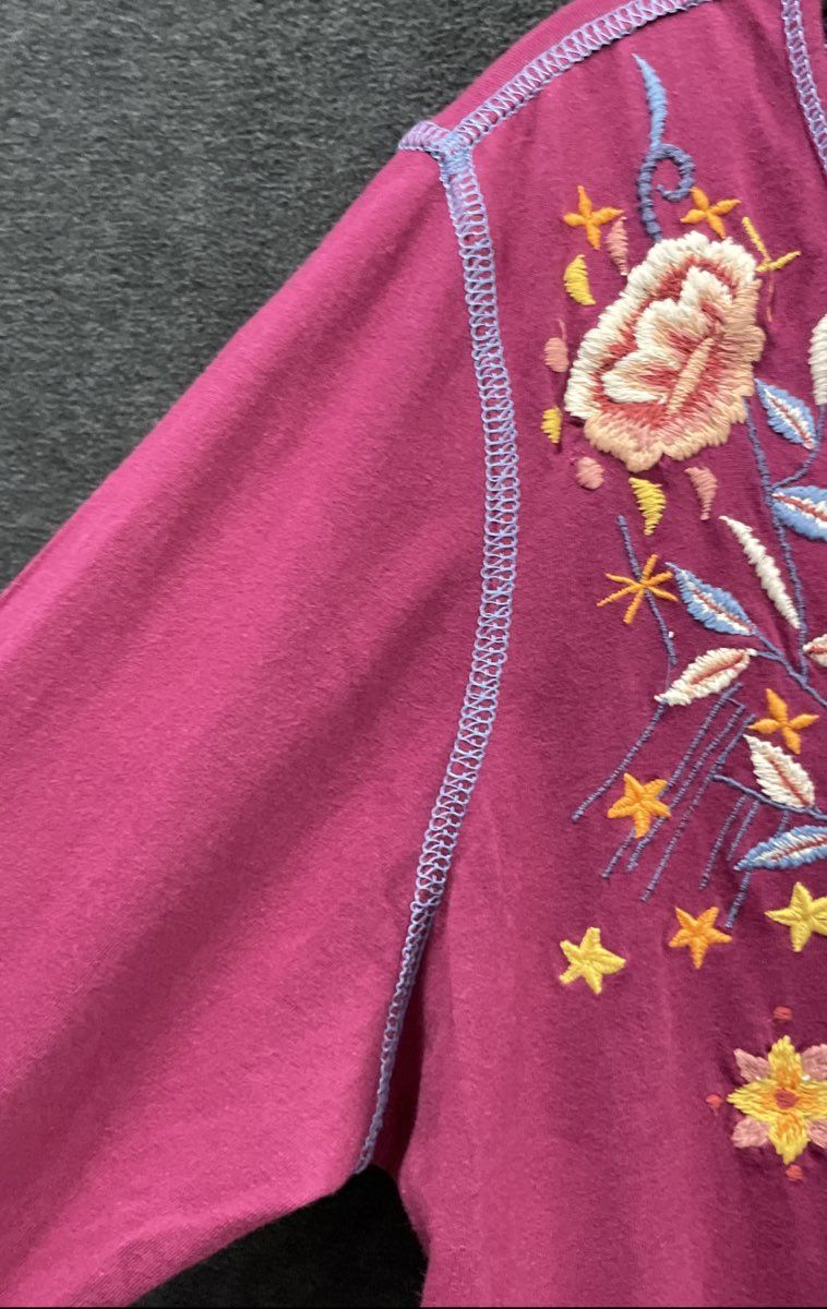 Caite Women's Magenta Floral Embroidered Long Sleeve Cotton Henley Top Sz S
