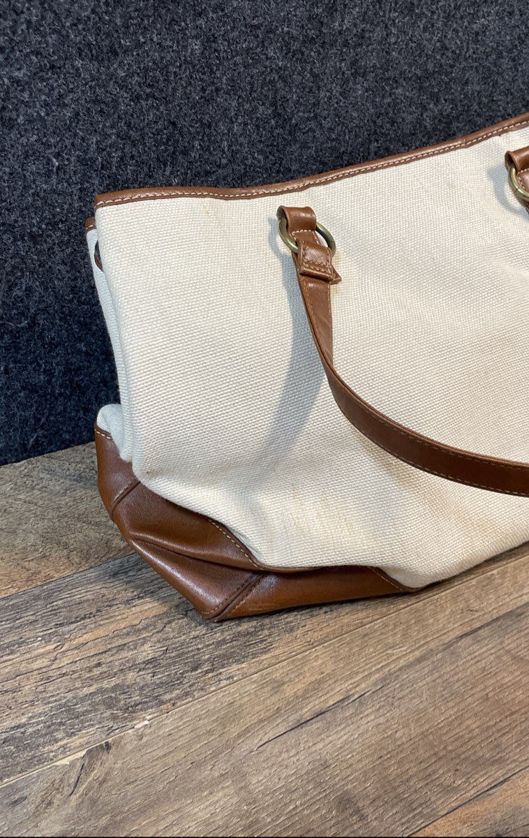 Coldwater Creek Cream Brown Canvas Faux Leather Trim Large Tote Shoulder Bag