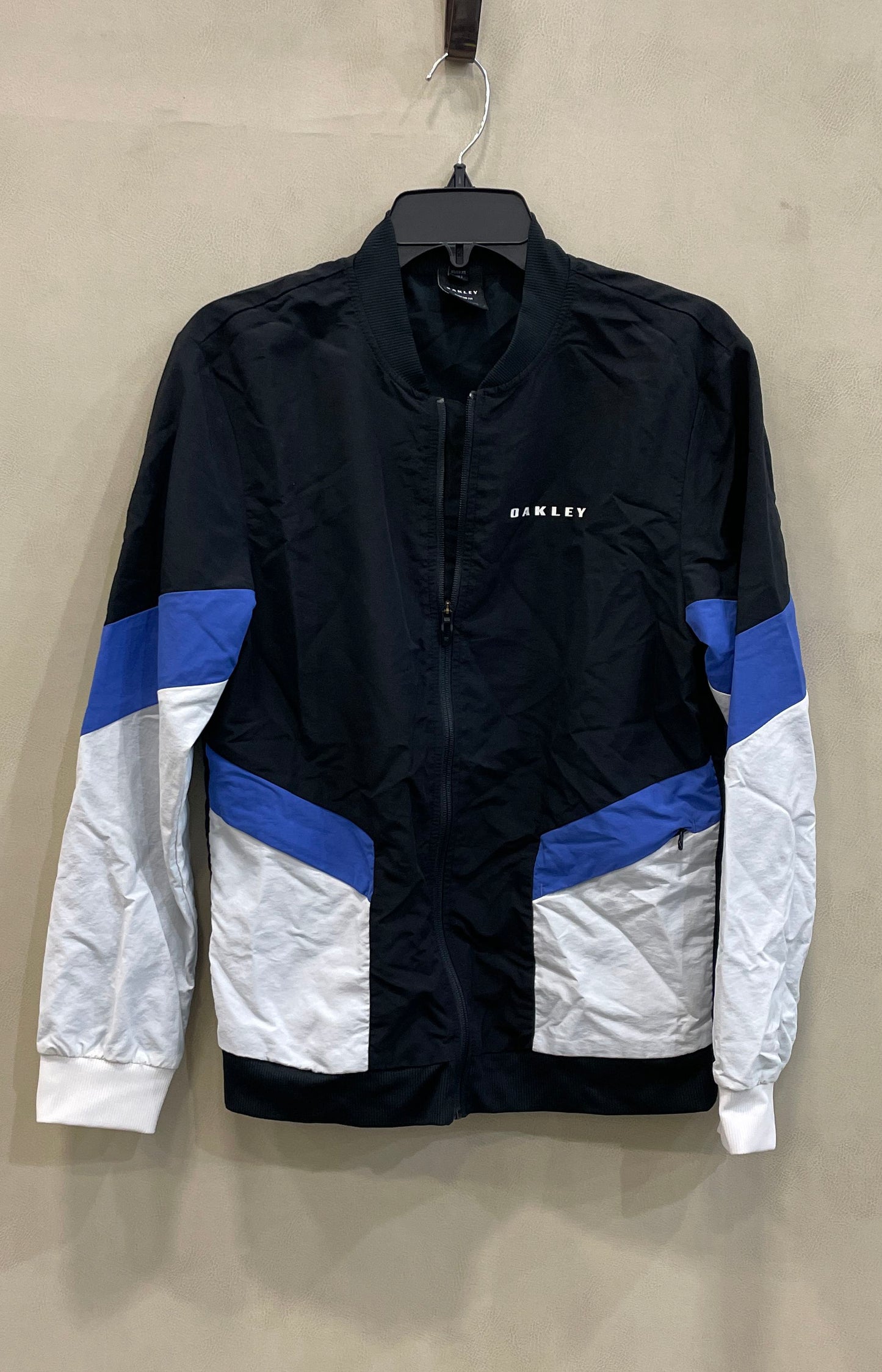 Oakley Men's Black Blue White Colorblock Custom Fit Lightweight Zip Jacket Sz XS