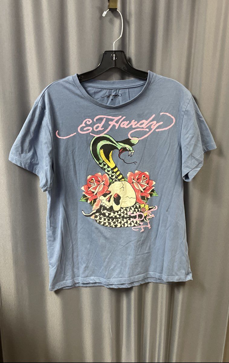 Ed Hardy Skull Cobra Roses Tattoo Graphic Blue T-Shirt Double Stitch Sz M