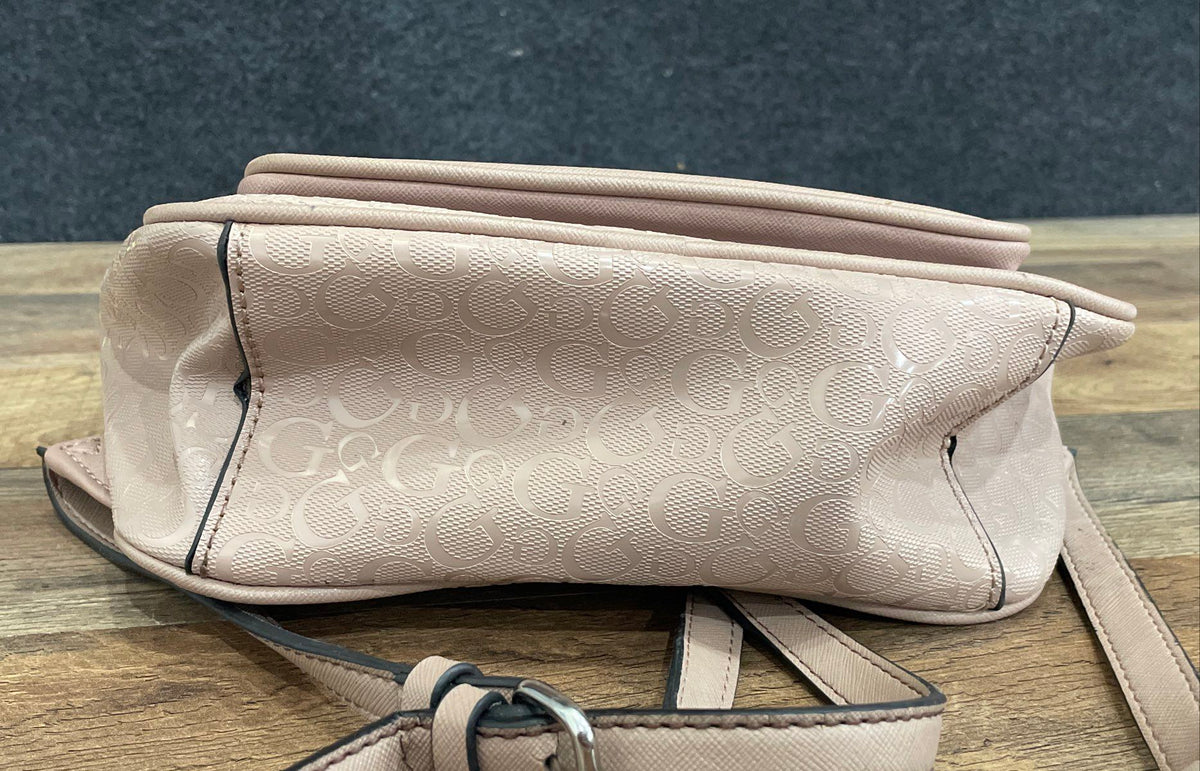 Guess Pink Embossed Logo Mini Backpack Bag Silver Hardware Bow Detail