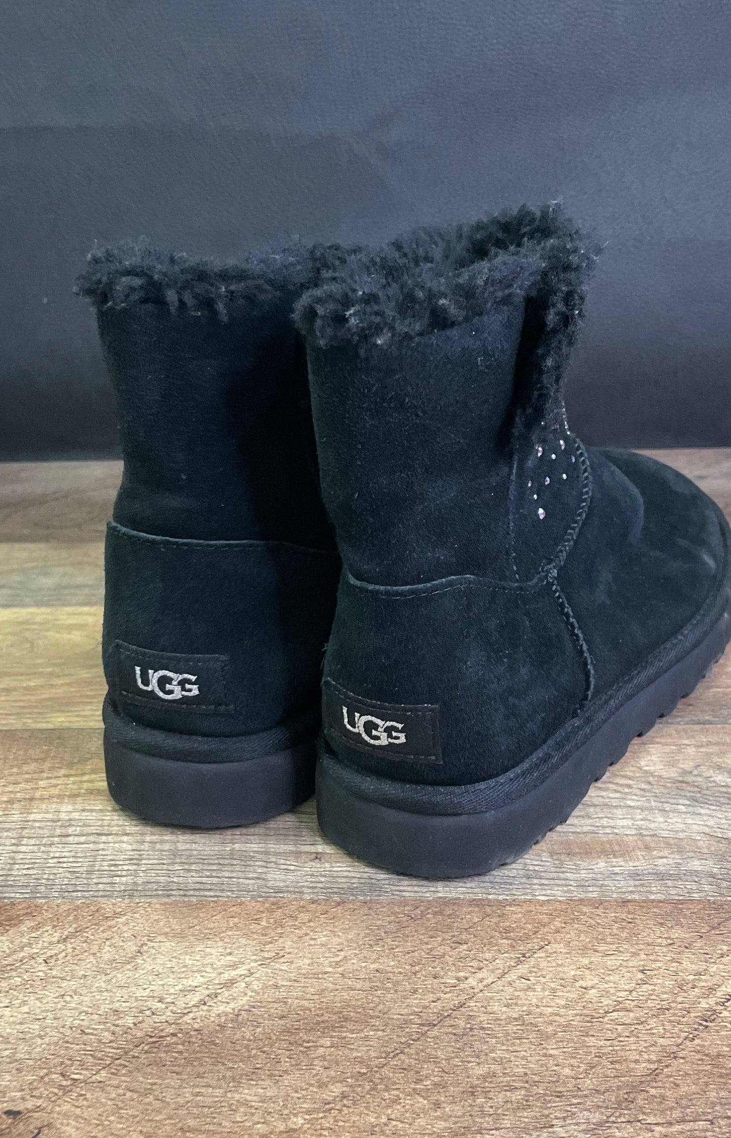 UGG Classic Mini Crystal Graphic Black Suede Boots Women's Size 7
