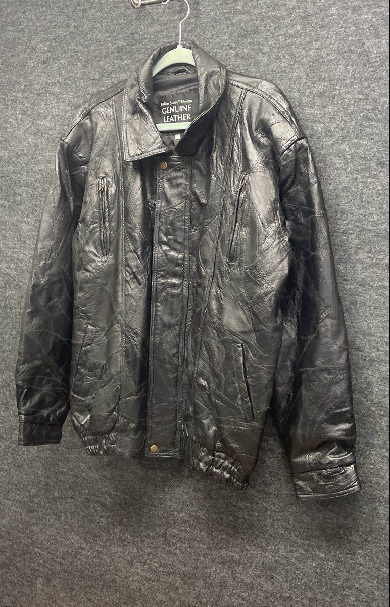 Vintage 90s Italian Stone Men's Black Patchwork Leather Bomber Jacket Sz XL