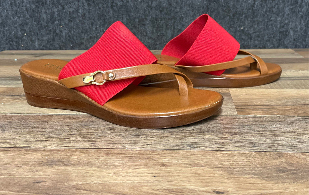 Italian Shoemakers Red Brown Elastic Strap Toe Loop Wedge Sandals Women's Size 8