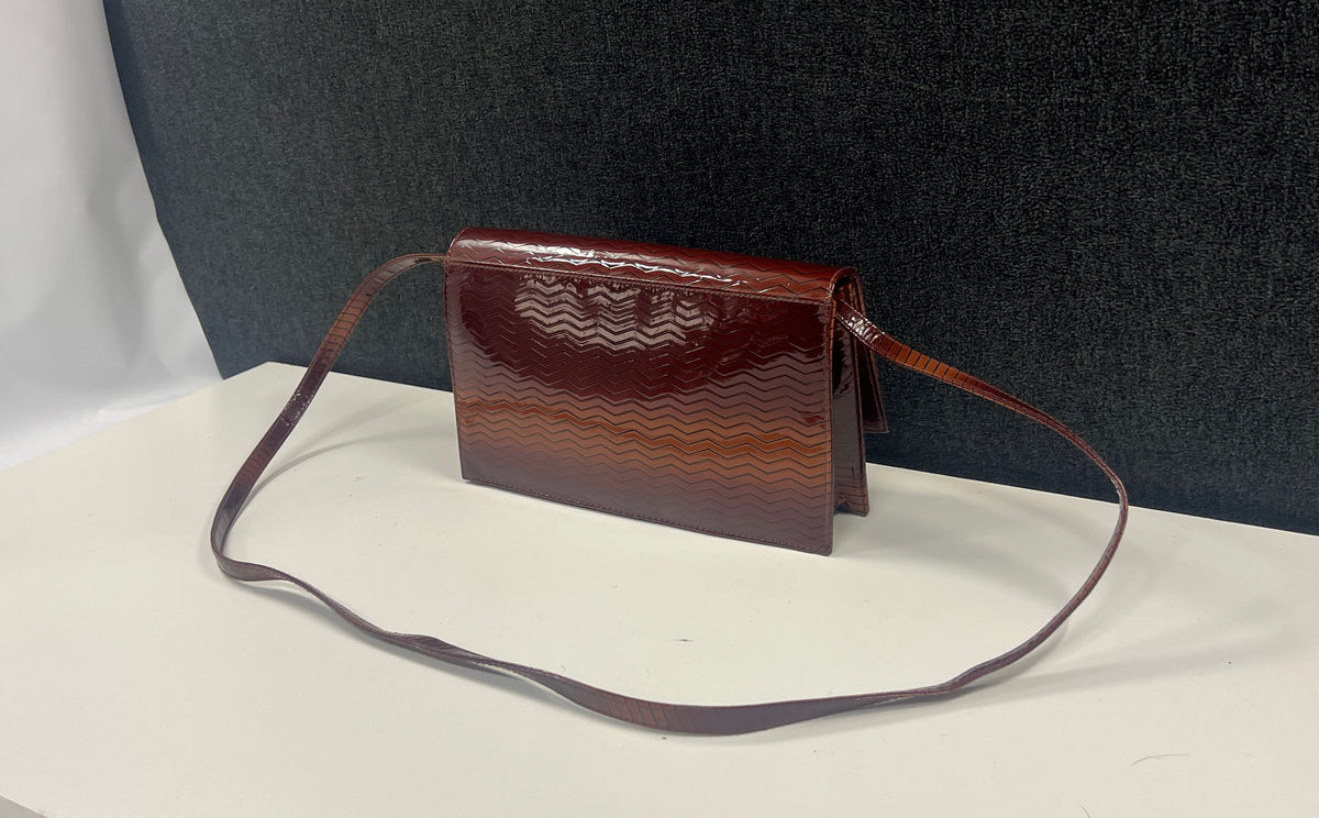 Vintage Brown Ombre Zigzag Embossed Patent Shoulder Bag Rectangular Purse